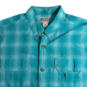 Duluth Trading Co Men XL Blue Plaid Nylon Stretch Short Sleeve Button Down Shirt